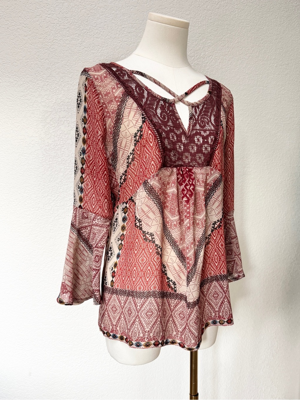 Maurices Boho Sheer Patchwork Lace Bib Fluted Sleeve Tunic Top S - Picture 2 of 6